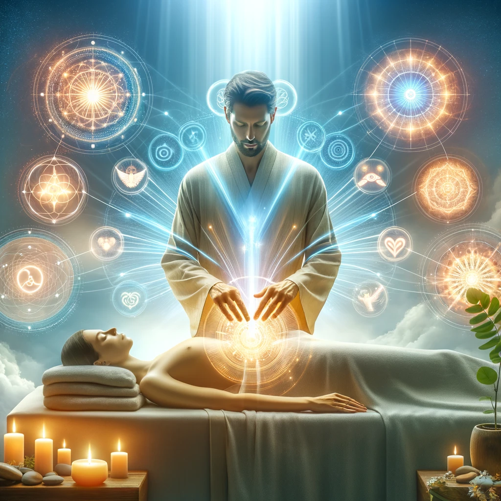 Image générée par l'IA et présentant un maître Reiki en pleine séance.