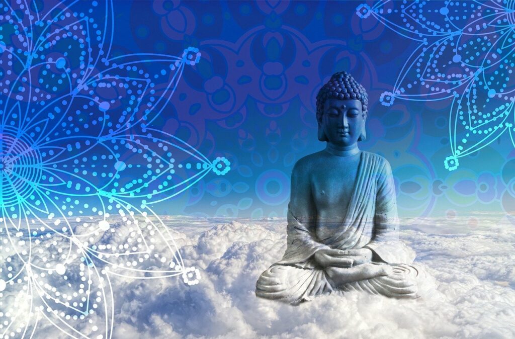 Photographie générée par IA représentant Buddha méditant au-dessus des nuages.