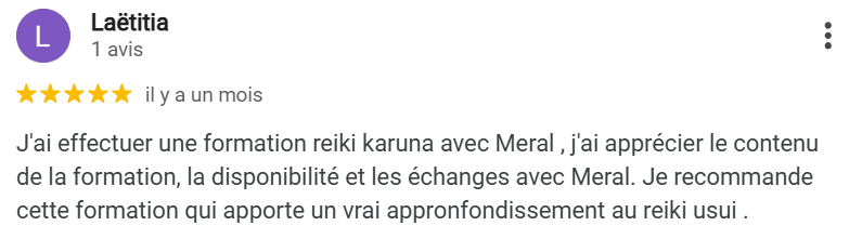 Avis Google 5 étoiles sur la formation Reiki 77 de Meral Per.
