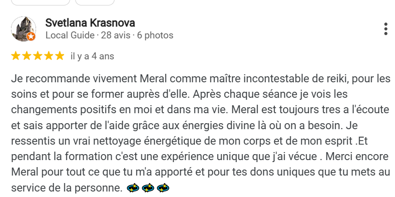 Avis Google 5 étoiles sur la formation Reiki 77 de Meral Per.